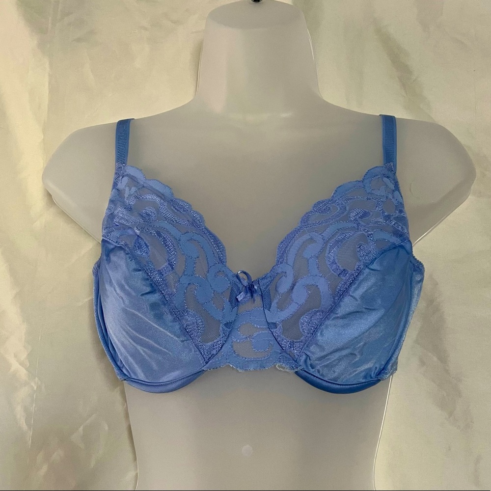 🐬 Vintage Cabernet 80s 90s Blue Lace Satin Full Coverage Bra Lingerie 34D